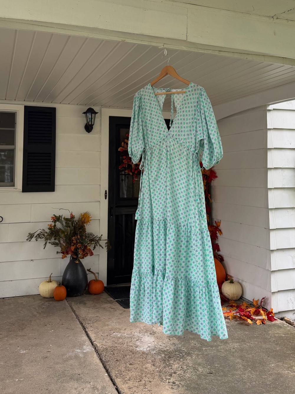 MNG Mango Green Floral Maxi Dress Size 6 Puff Sleeve Tiered Boho